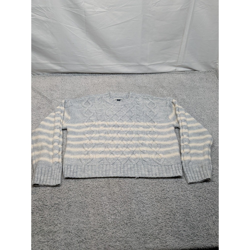 American Eagle Chunky Cable Knit Sweater Womens Medium White Blue‎ Fuzzy Cotton